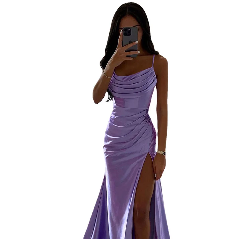 Spring New Party Formal Dress Women\'s Sexy Solid Slim High Waist Slit Dress Women\'s V-neck Spaghetti Strap Pleated Elegant Dress