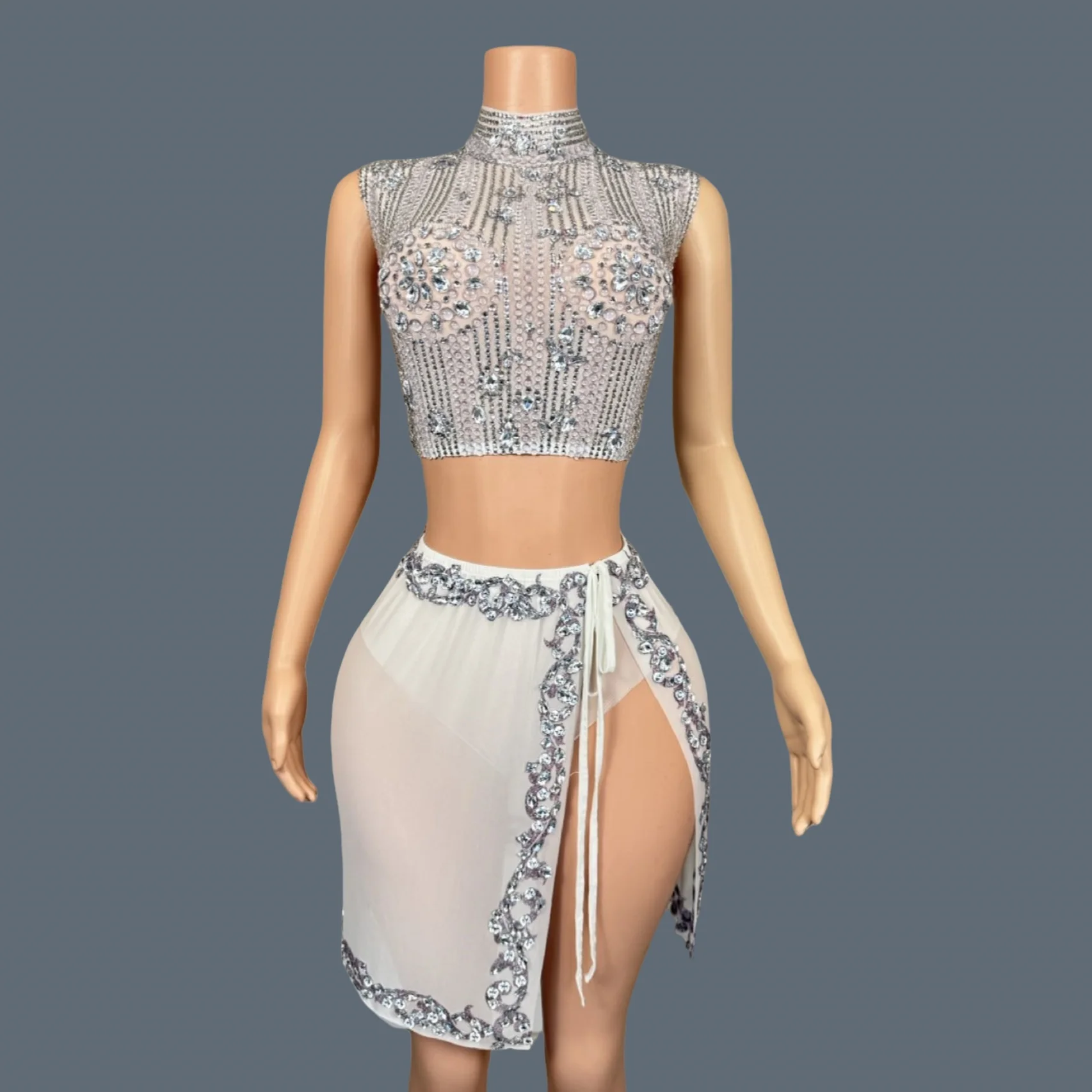 

Sparkly Rhinestone Sequins Crop Tops Mini Skirt 2Pieces Set Festival Celebrate Party Outfit Side Slits Bodysuit Dance Wear Luzhu