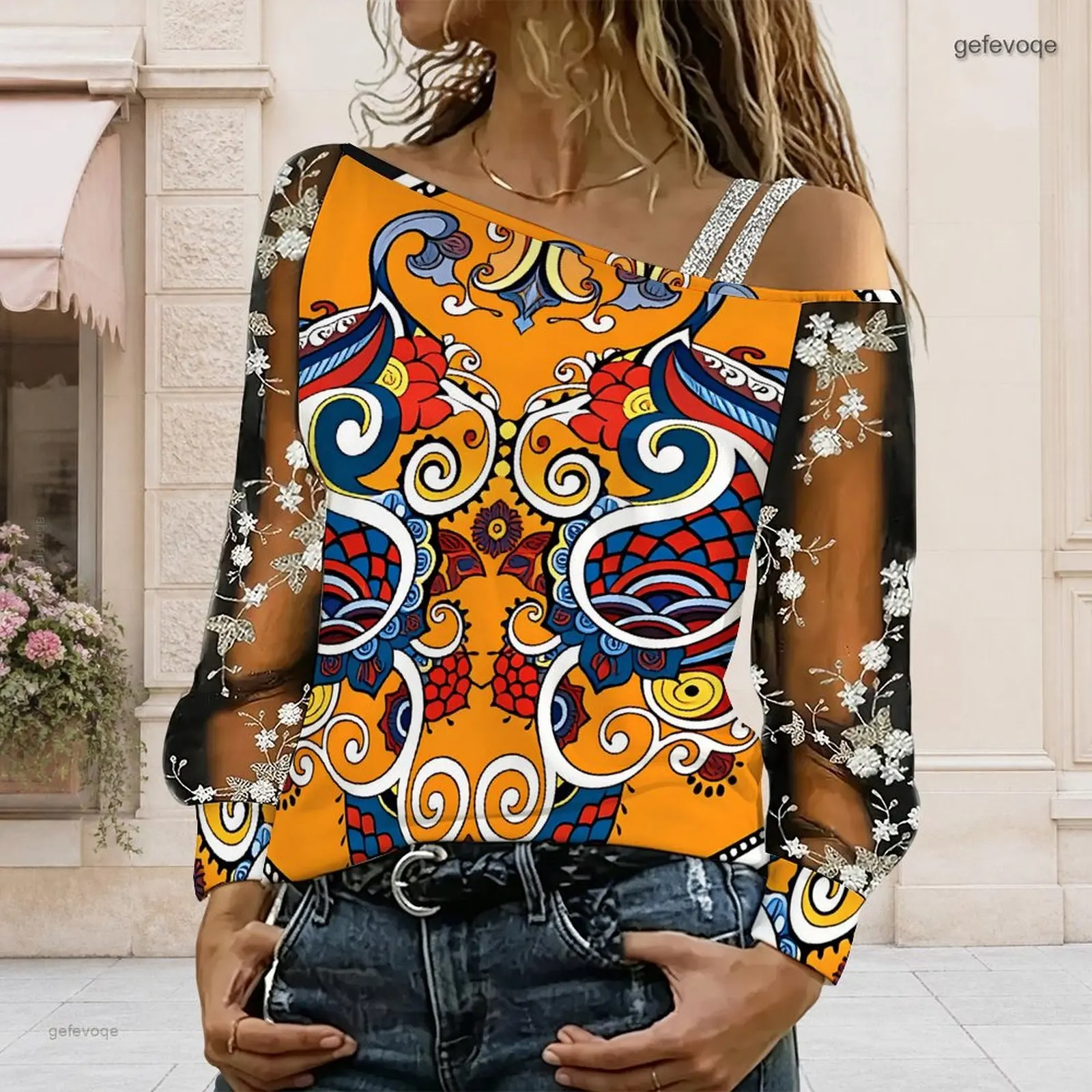 Women Off Shoulder Blouse Asymmetric One Shoulder Top Lace Floral Mesh Long Sleeve Sling Detail Loose Casual T Shirt