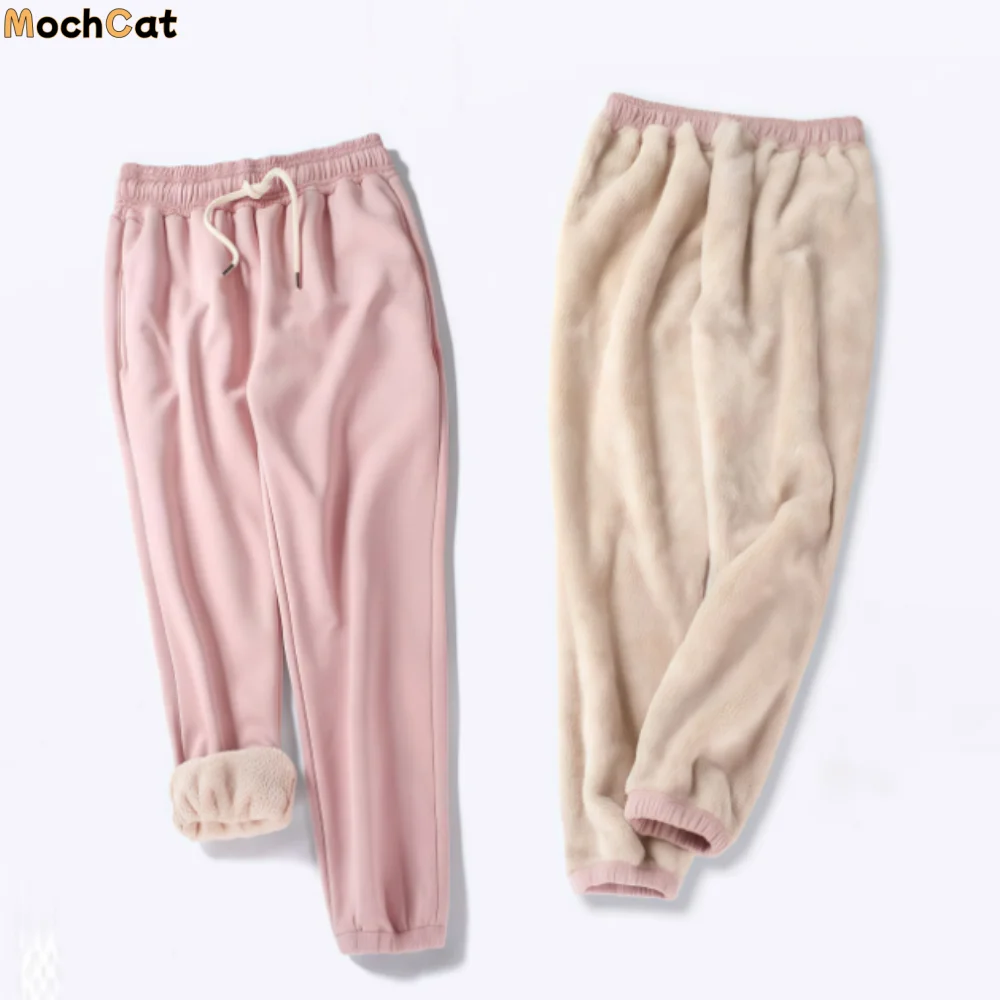 

High Waist Fleece Lined Joggers Fleece Lined Adjustable Drawstring Plush Pants Stretchy Solid Color Thermal Pants Street Wear