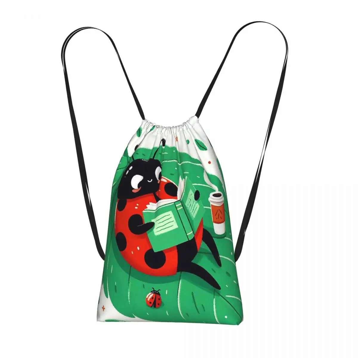 Cartoon Ladybug Lying On The Leaf Boat Backpacks Portable Drawstring Bundle Pocket Sports Bag Book Bags for Travel School