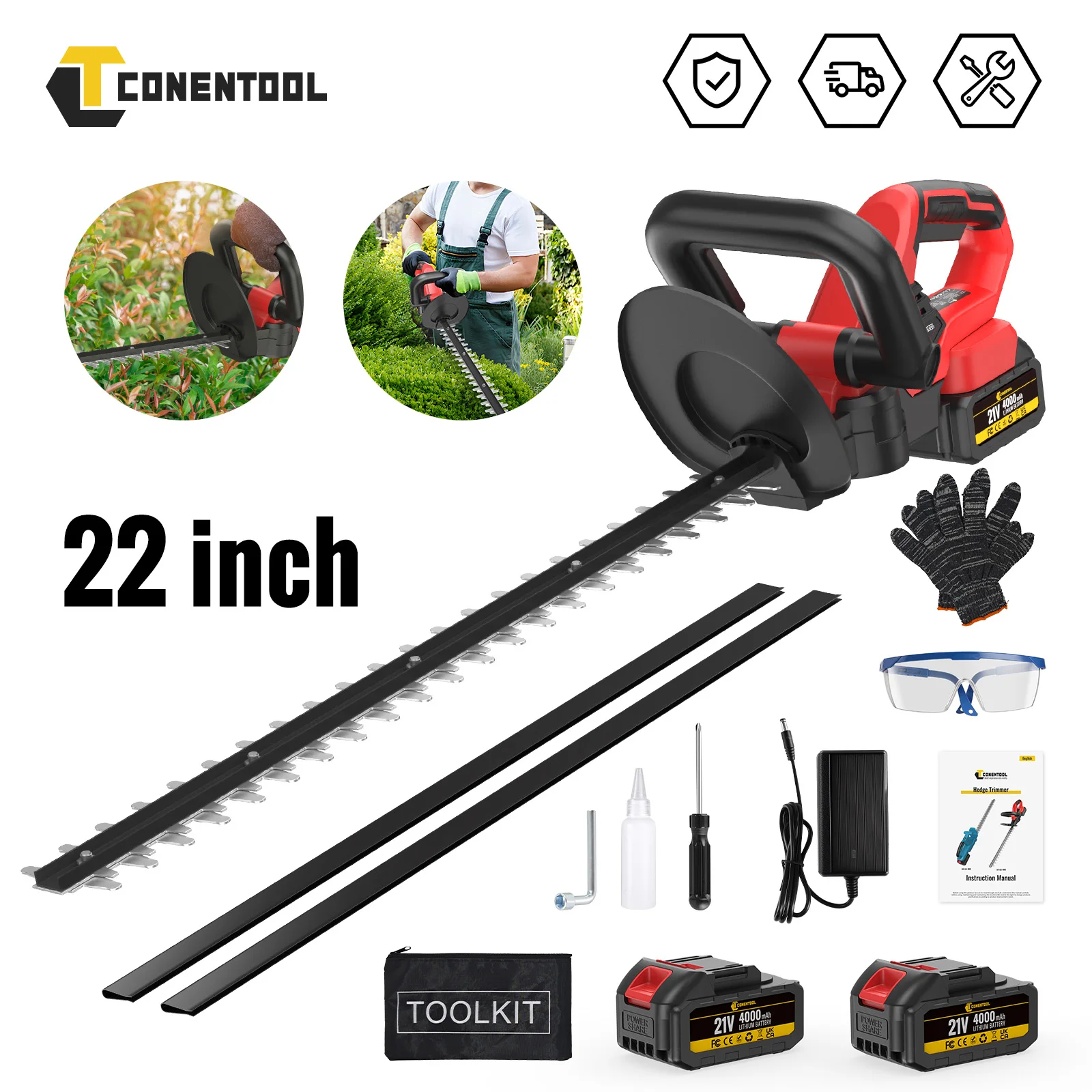 Image of CONENTOOL 56 centimetri Cordless Elettrico Tagliasiepi 22 Pollici Tosaerba Paesaggistica Tagliasiepi Attrezzo Da Giardino Per Makita 21V batterie cod004