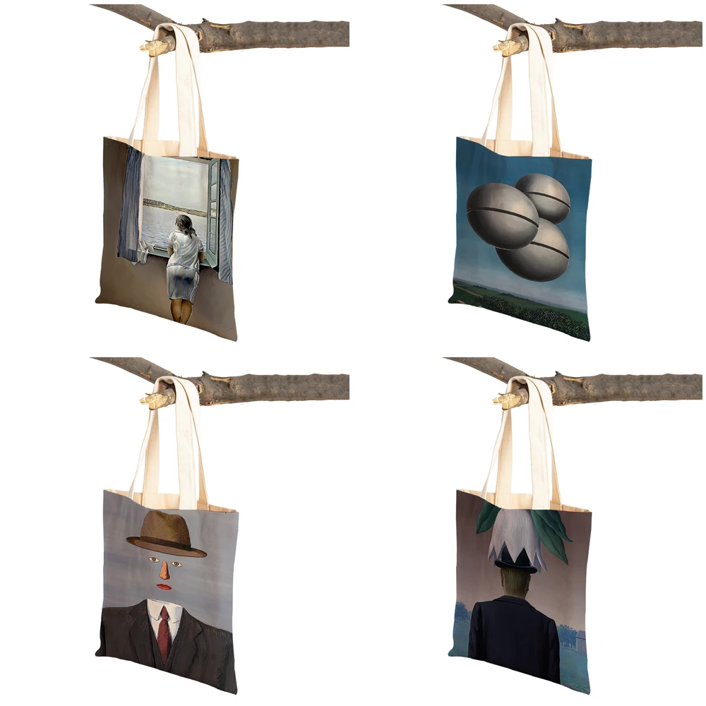 Rene Magritte Painting Surrealism Shopping Bags for Women Double Sided Print Casual Geometric Art Canvas Handbag Shopper Bag