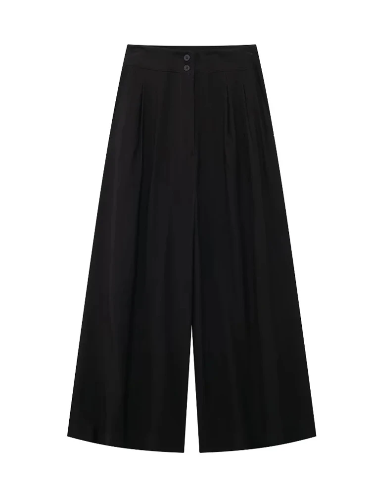 

Womens 2024 Summer Casual High Waist Zipper Fly Black Loose Floor Pants Girls Fashion Pleated Linen Blend White Wide Leg Pants