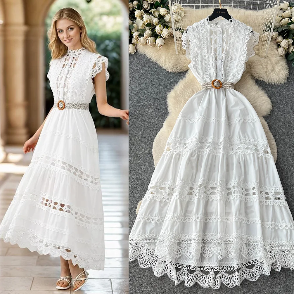 

Dress Women Long Dresses Party Night A Line Vestidos Stand Collar Lace Sleeveless Elegant Splice Y2k Streetwear High Waist