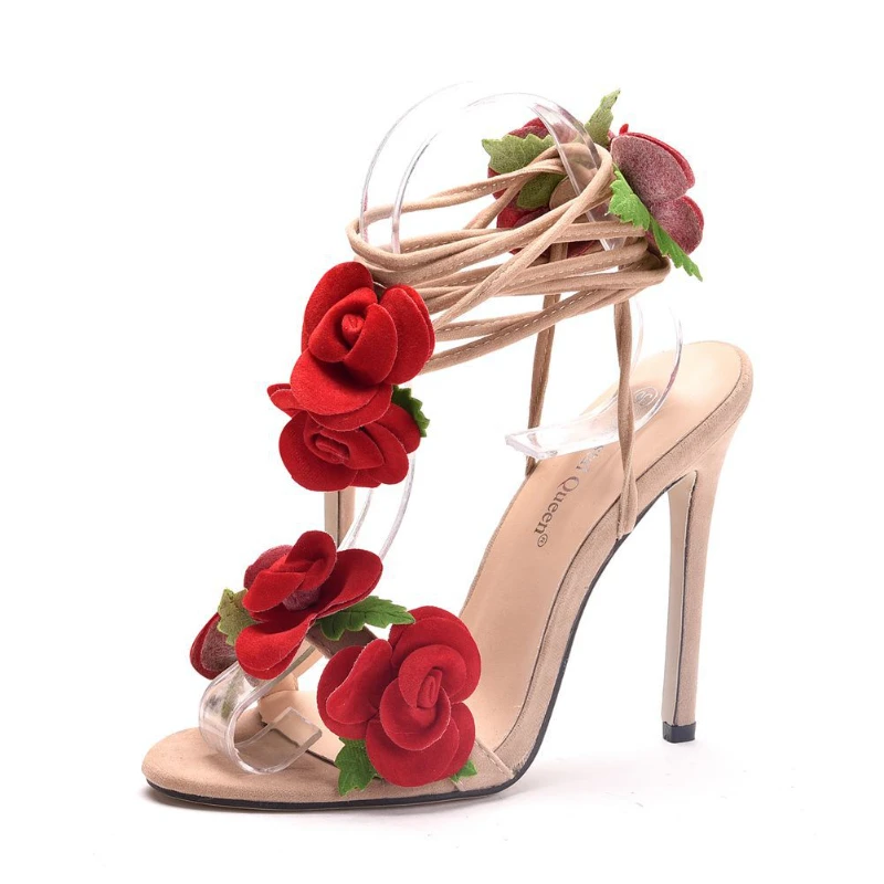 2024 New Satin Rose High Heel Cross Straps Round Head Fine Heel Super High Heel Large Size Strappy Women's Sandals Wedding Shoes