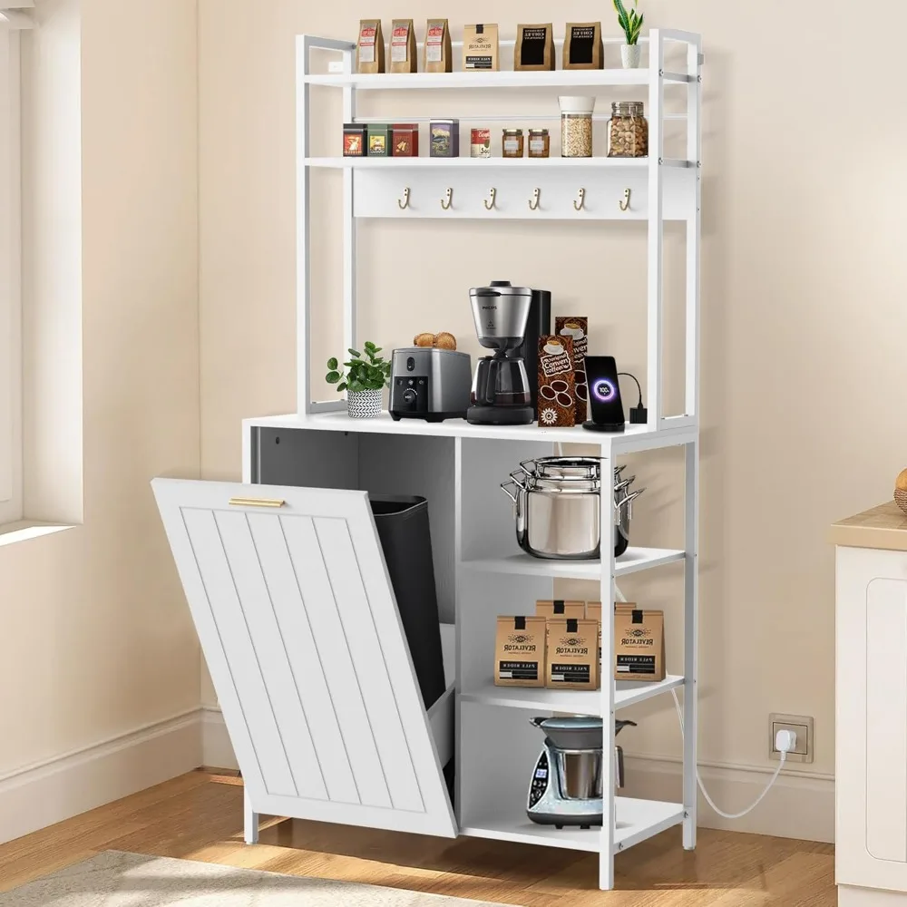 

Kitchen Bakers Rack with Power Outlets, 63H Microwave Oven Organizer with Tilt Out Trash Can Cabinet Storage Shelf 6 Tiers Coffe