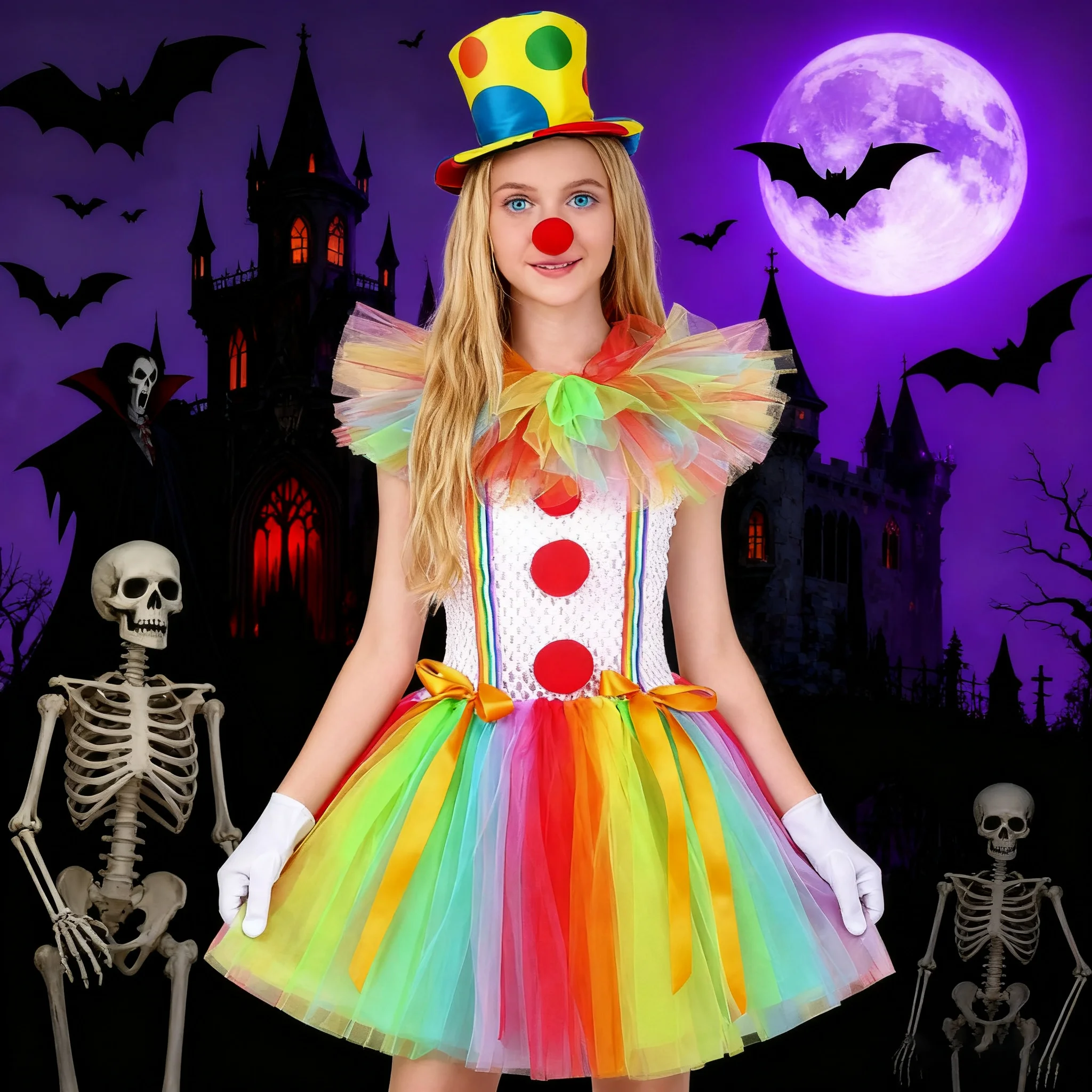 

Rainbow Halloween Clown Costumes Set Colorful Mesh Girl Dress For Kids Carnival Fancy Theme Party Clothes Birthday Prom Dress Up
