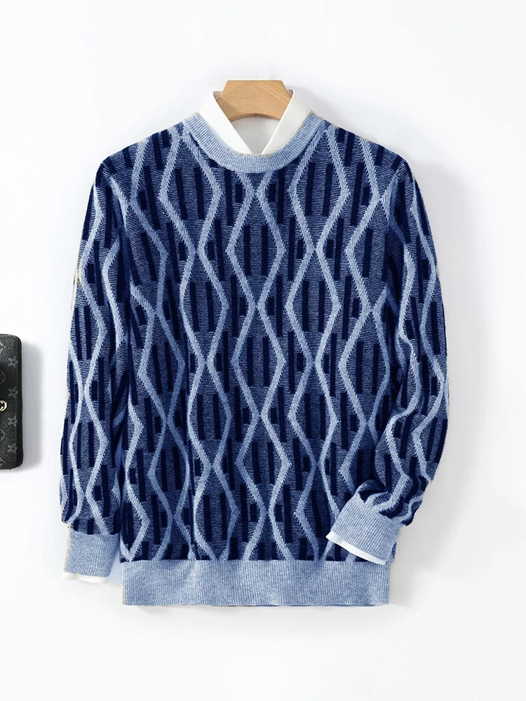 New 100% Merino Wool Pullover For Men O-neck Knit Sweater Diamond patterned Long Sleeves Cashmere Autumn Winter Leisure Clothing