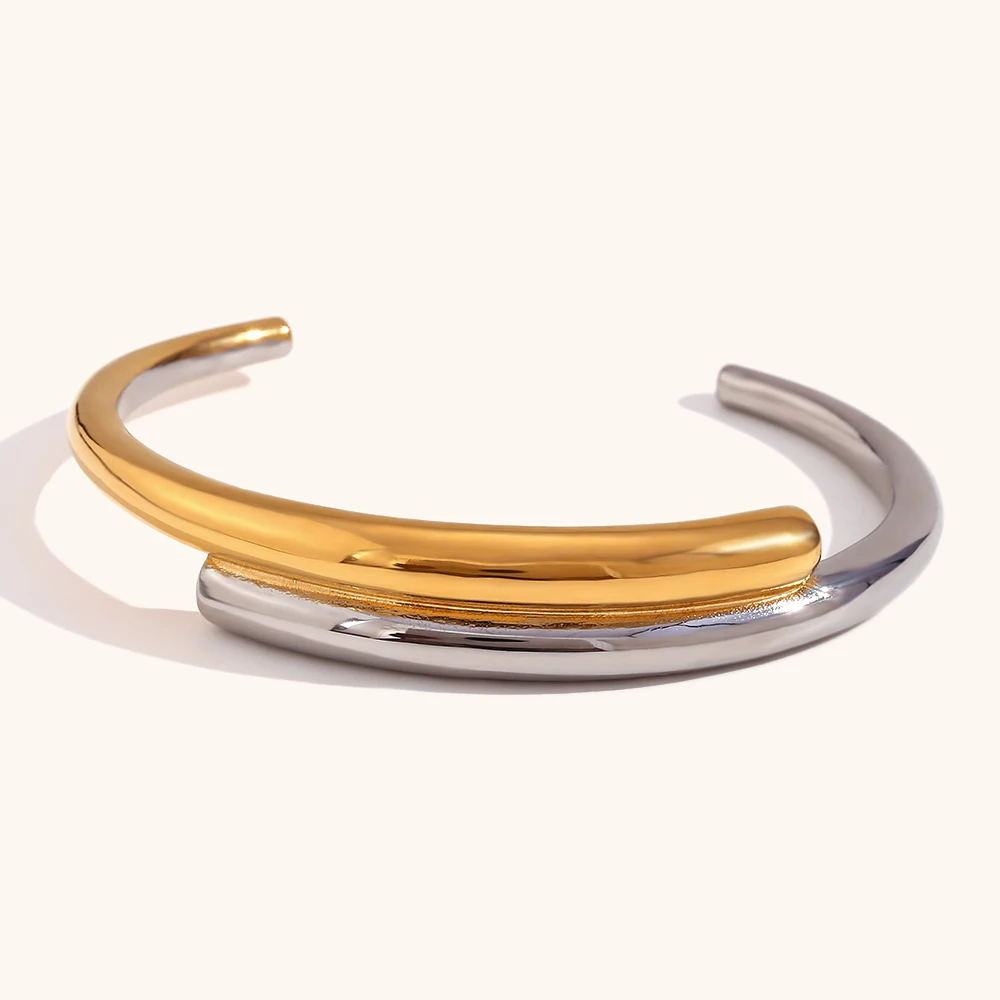 Minimalist Gold Silver Color Partially Stacked Double Layer Stainless Steel Cuff Bracelet For women Openning Rings For Womens