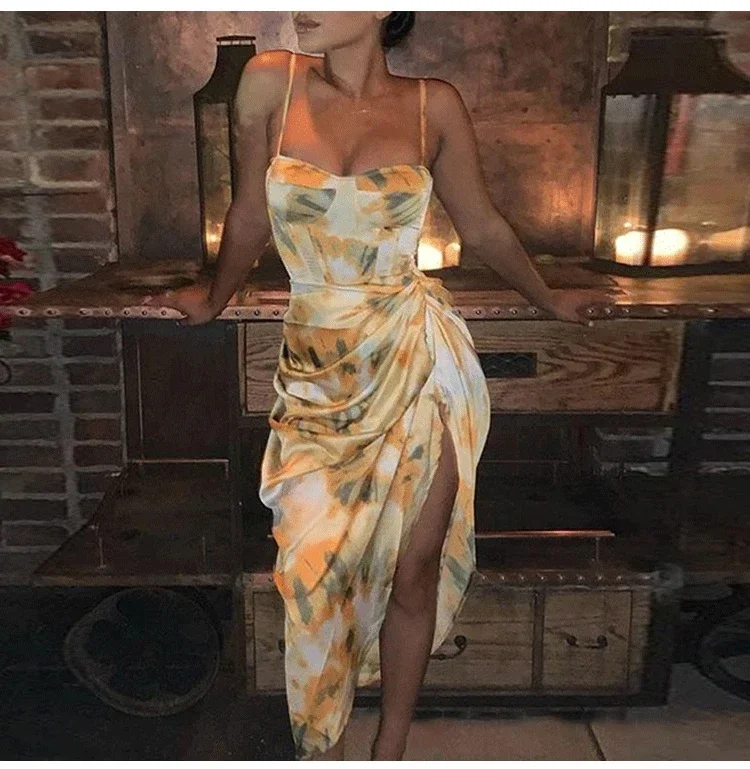 New Summer Dresses for Women Fashion Orange Shirring Irregular Sexy Split Mid Length Party Dress Straps Elegant Robe Femme