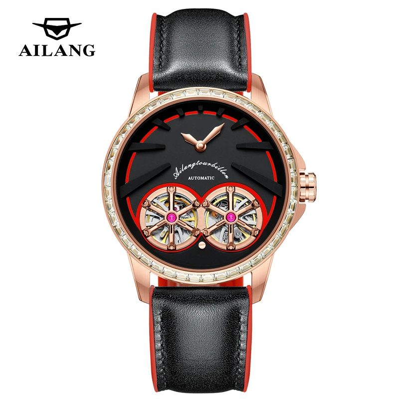 

AILANG брендовые роскошные механические часы с двойным турбийоном, мужские высококачественные кожаные ремешки, водонепроницаемые автоматические наручные часы со скелетом, мужские