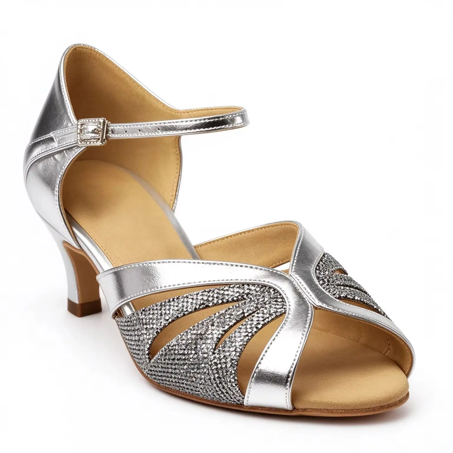 Evk Women Silver PU Latin Dance Shoes Peep Toe Salsa Ballroom Tango Dance Heel Sandals Confortable Party Sneaker Dance Footwear