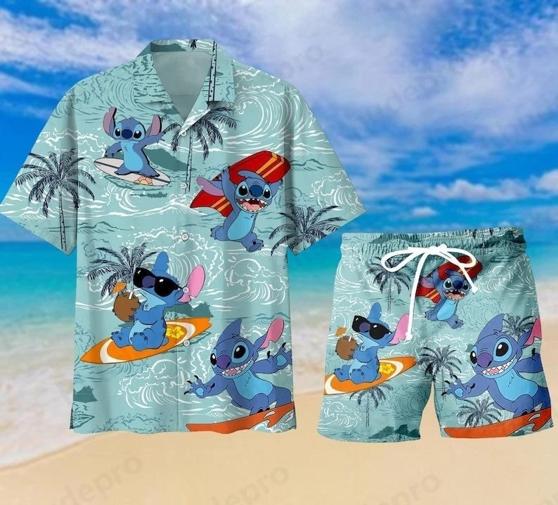 

Disney Lilo and Stitch Hawaiian Shirt Beach Shorts Suit Mens Women Summer Casual Vacation Short Sleeve Shirt Pants 2 piece Set
