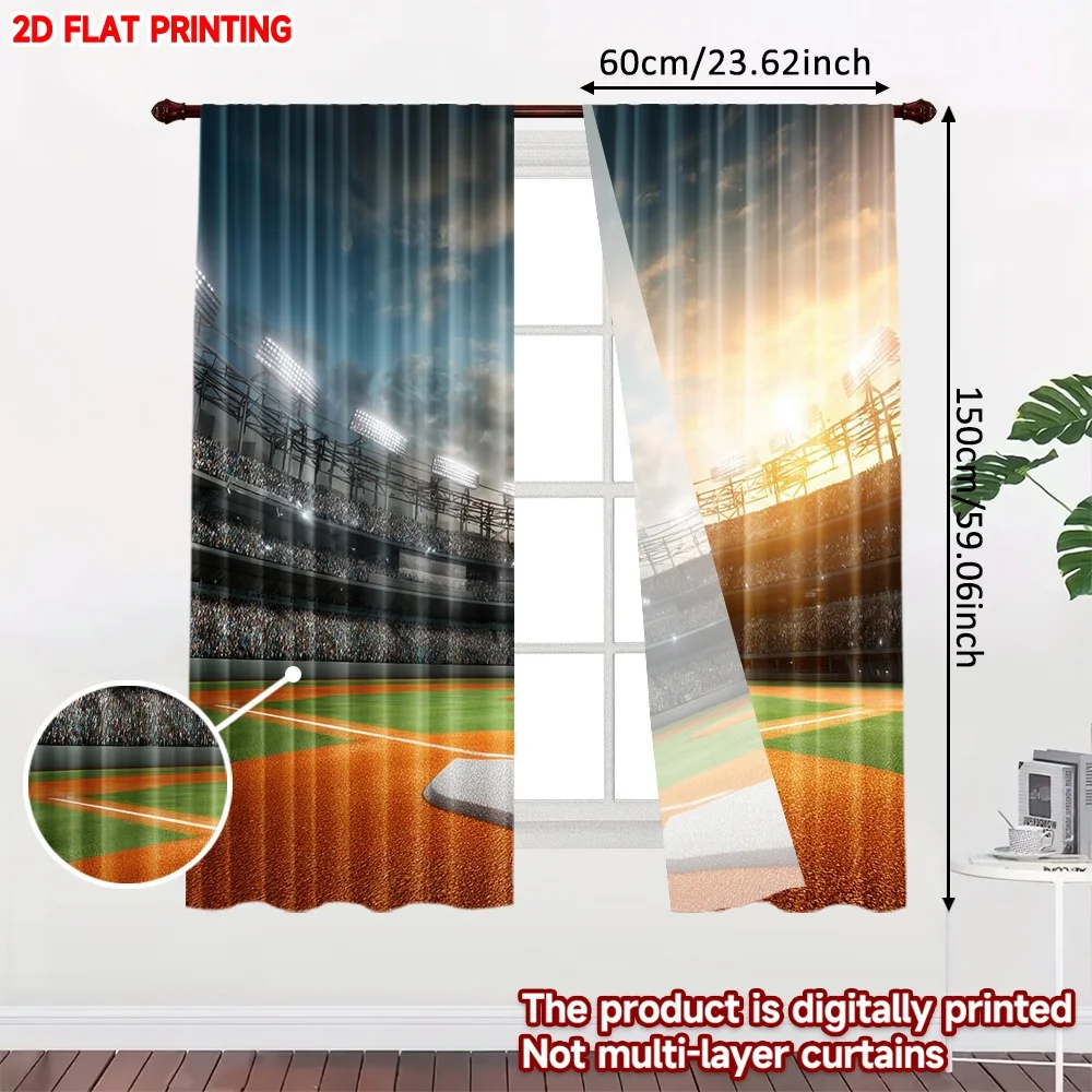 2D flat printing 2pcs Curtain Window Curtains Baseball Stadium at Sunset Digital Printed Polyester Drapes Party Decorations for