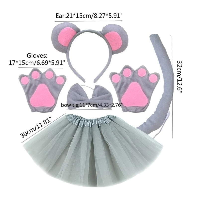 Y5GC Halloween Mouse Costume Set Mouse Ears Headband Bows Tail Tutu Skirt Gloves image 5