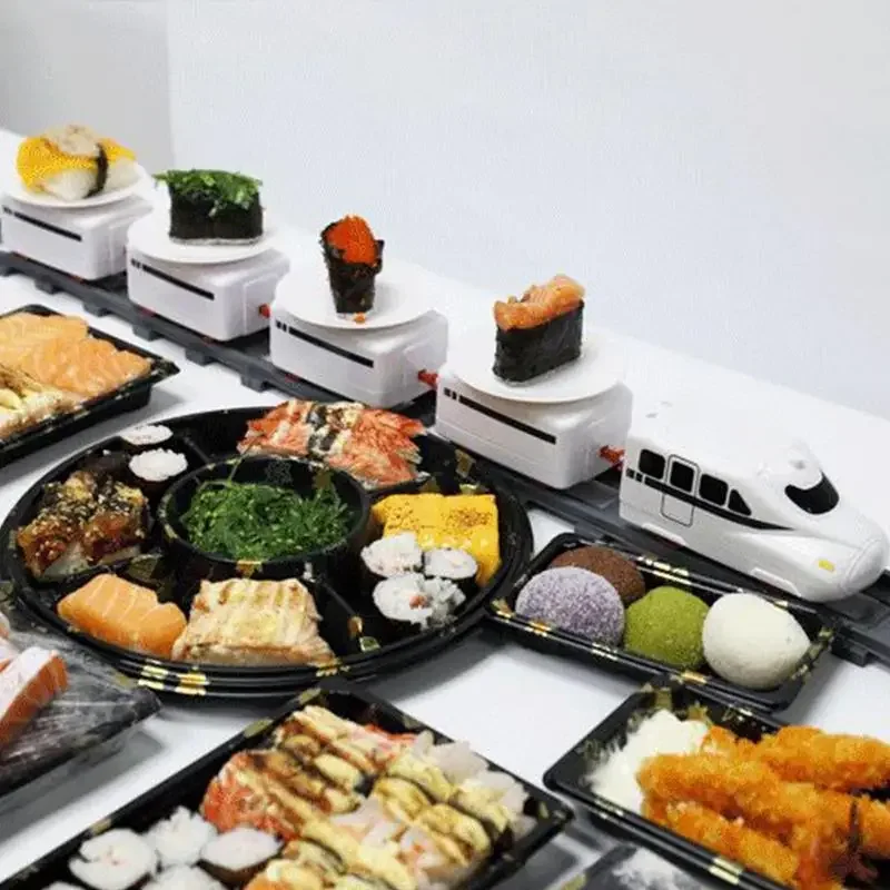 Juego de tren giratorio con pilas para fiestas, mesa de exhibición de sushi, plato giratorio, juguetes Montessori para niños y niñas, regalos de Navidad