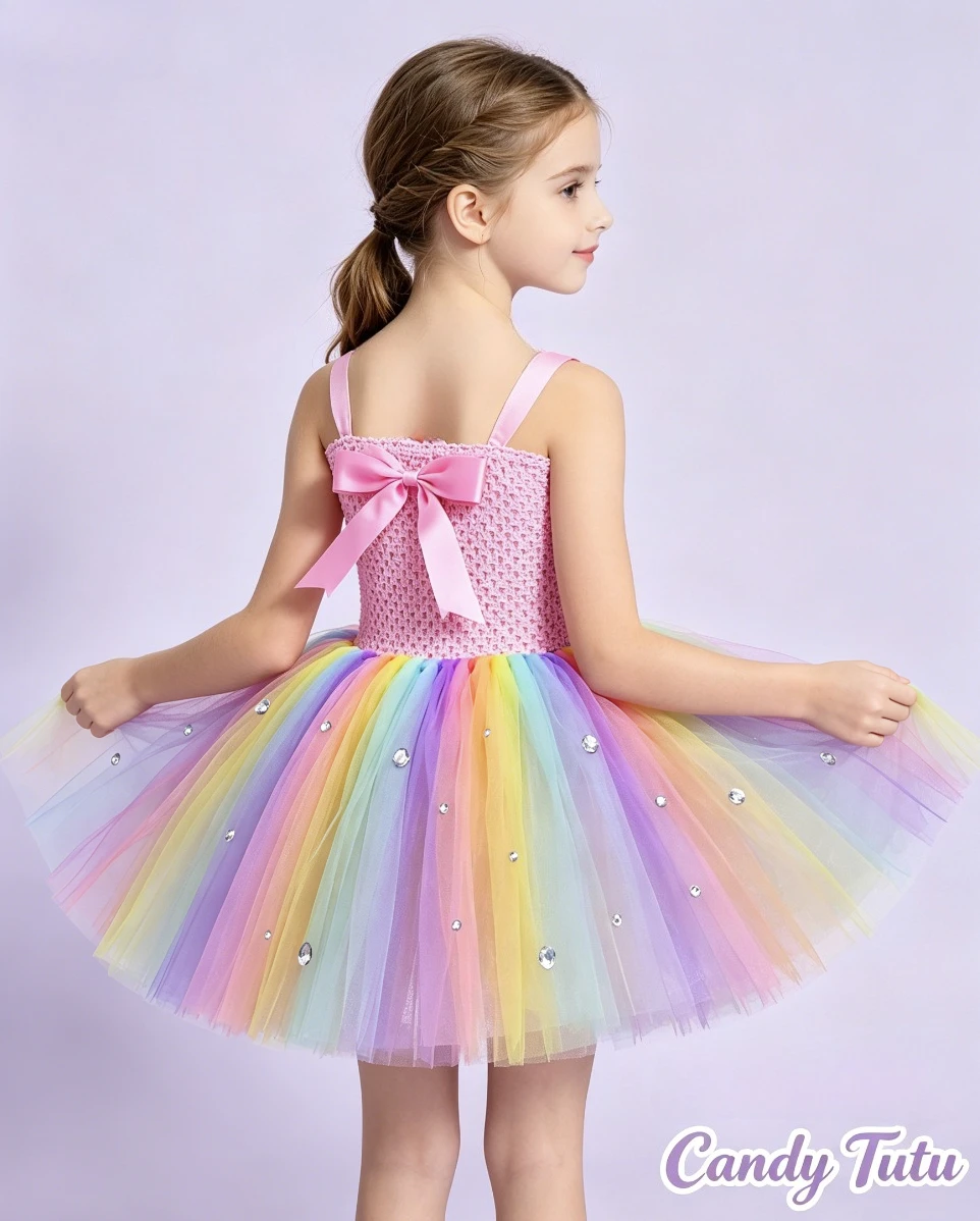 Vibrant Multicolor Candy Style Tutu Dress Mesh Tulle Printed Rainbow Lollipop Princess Skirt Kids Birthday Photo Holiday Outfit