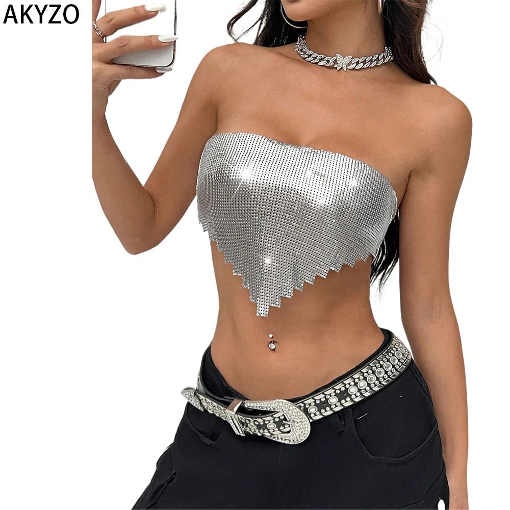 AKYZO Women's Y2K Metallic Glitter Strapless Top Sexy Suitable For Nightclub Night Girl Clothing