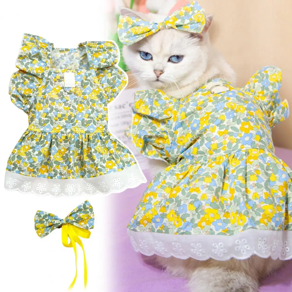 

Exquisite Pet Clothing Pet Princess Style Dress Set with Sleeves Flower Print Skirt Matching Headdress Adorable Summer for Dogs