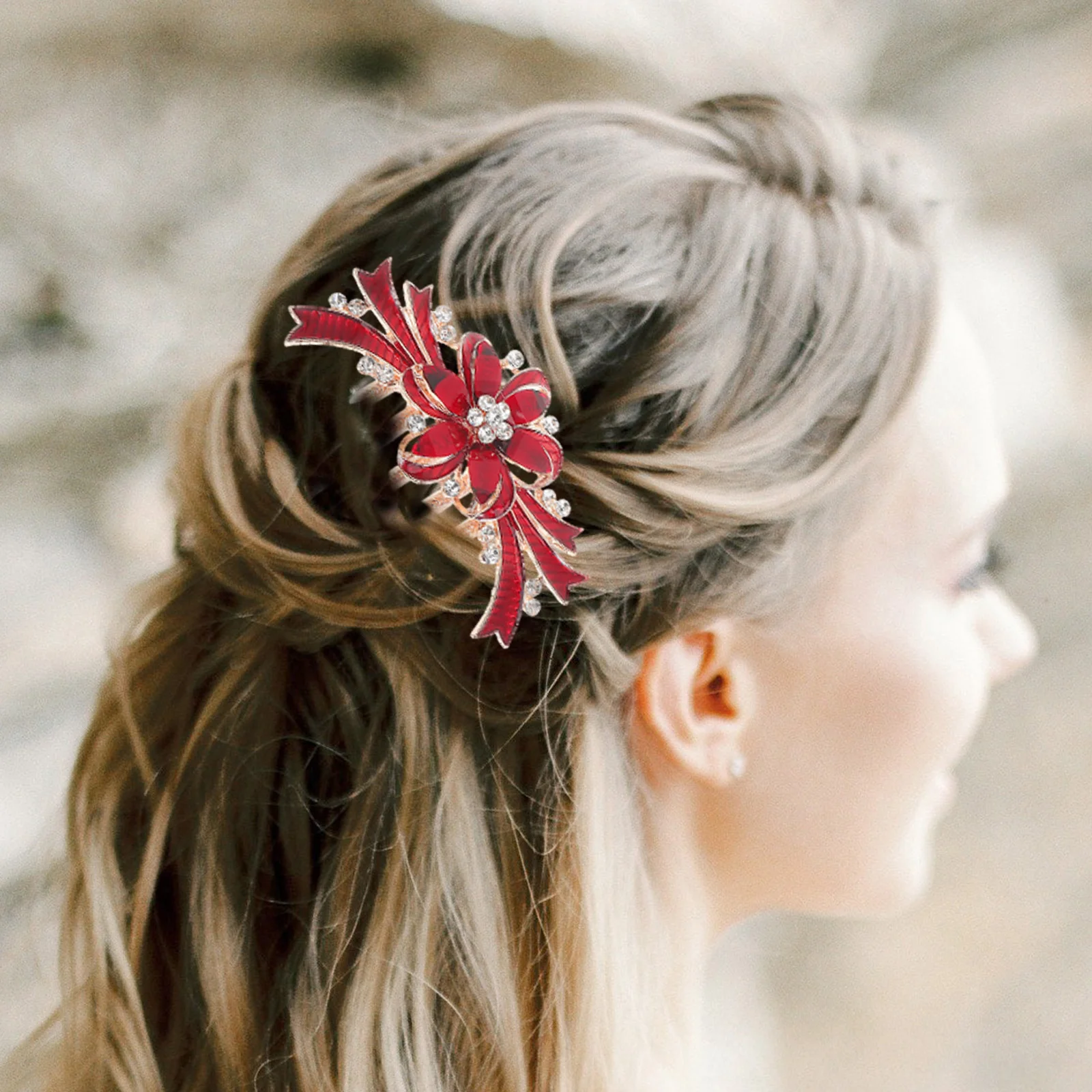 سبيكة الشعر مشط حجر الراين الزفاف التبعي دائم خمسة شقوق تصميم البريق الأحمر حفل زفاف خوذة الشعر مجوهرات #5