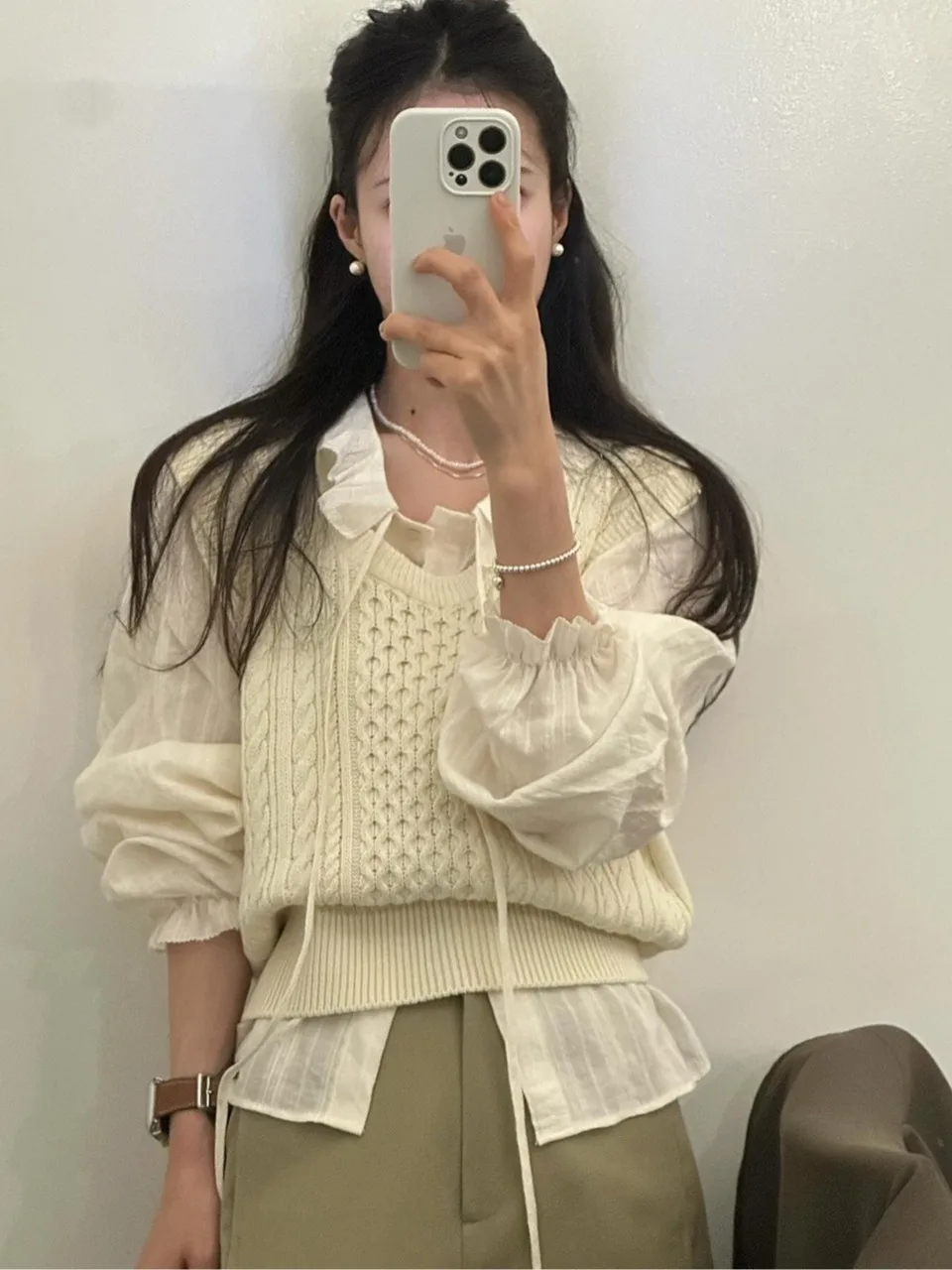 

Chic V-Ne Knitted Vest Women's Casual Layering Loose Fit Long Sve Sweater Soft Textured Autumn Faion Trend