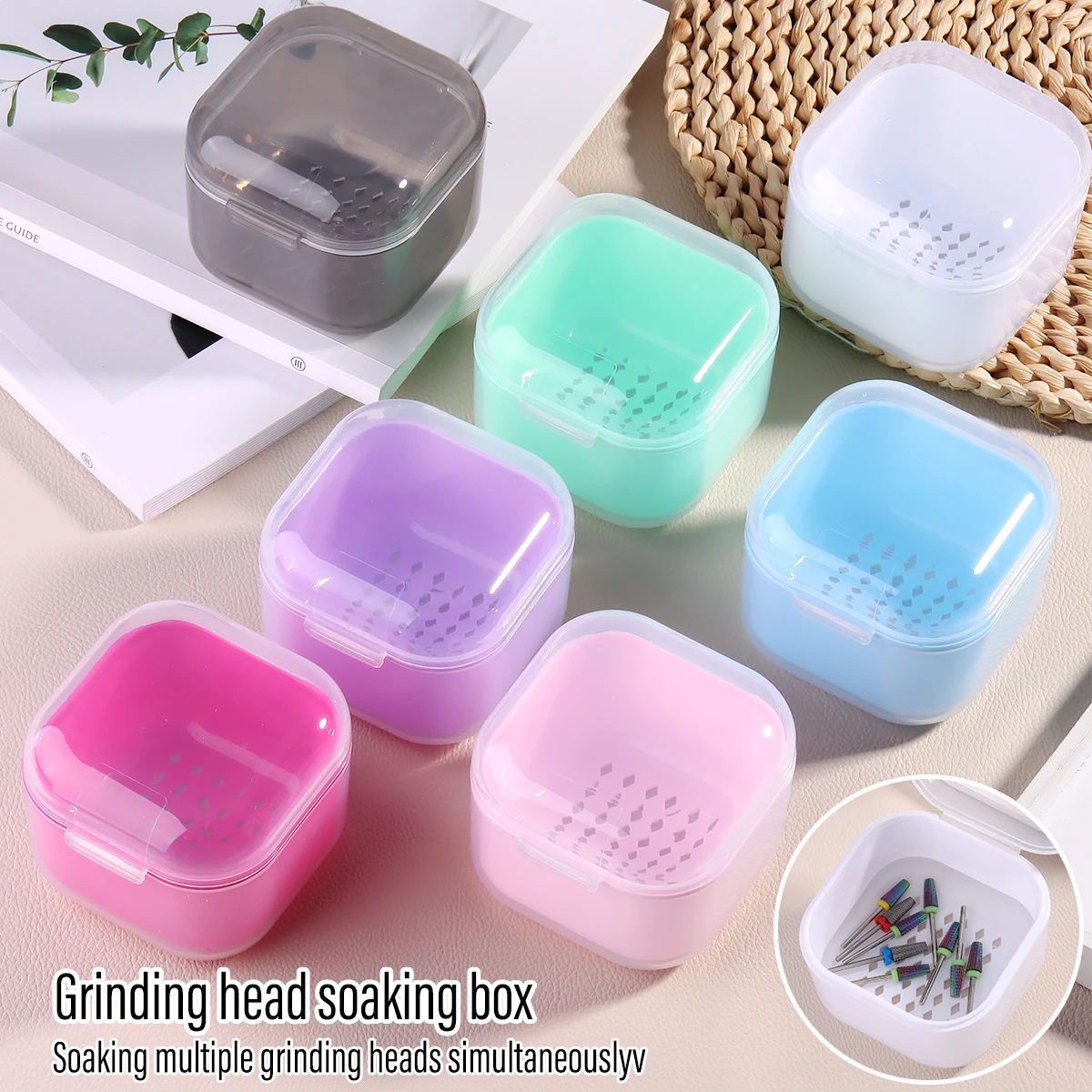 New round grinding head sterilization box with double-layer filter and ceramic head soaking box, available in multiple colors.
