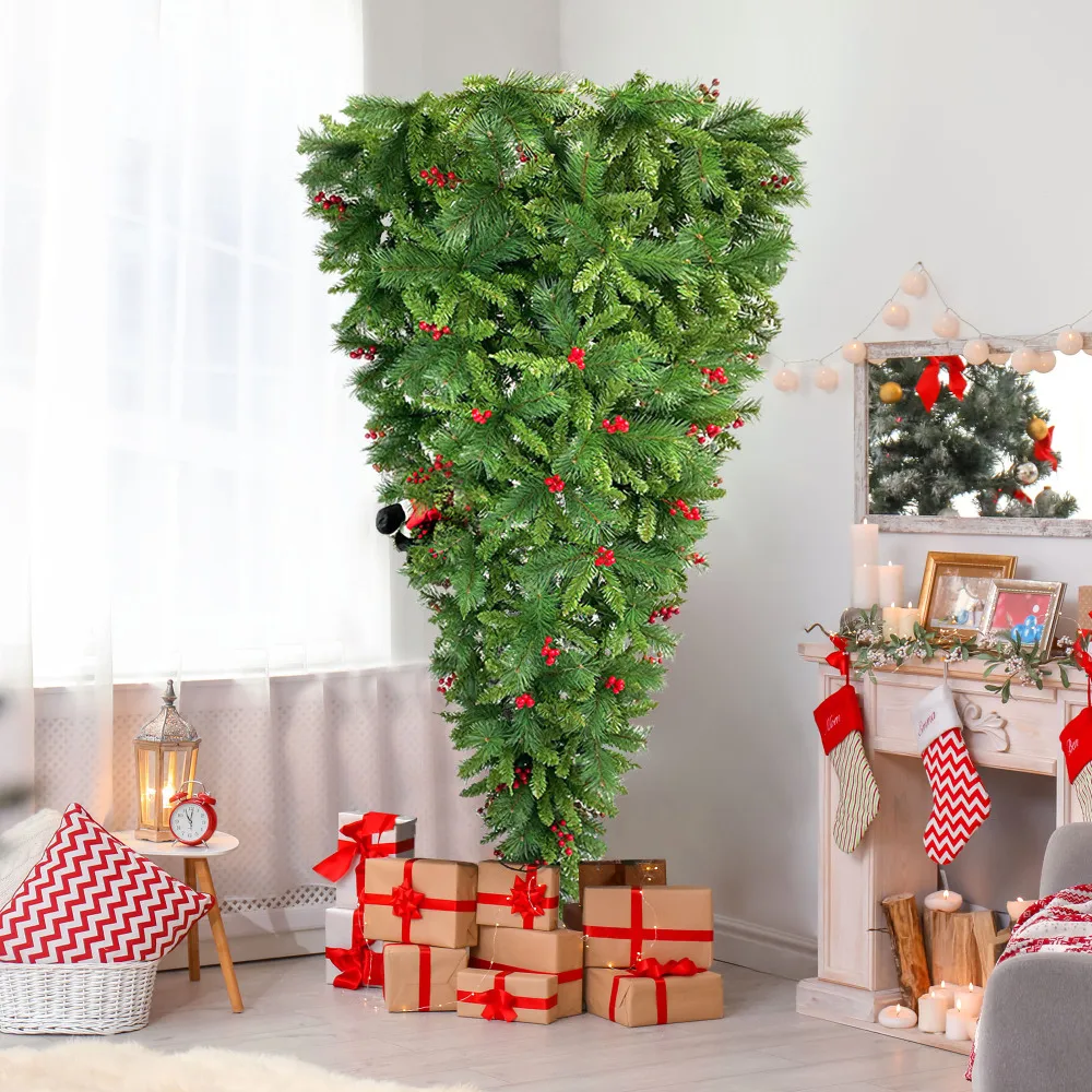 Upside Down Christmas Tree with Artificial Berries and Santa's Legs, PVC Pine Needles, Artificial Holiday Christmas Pine Tree