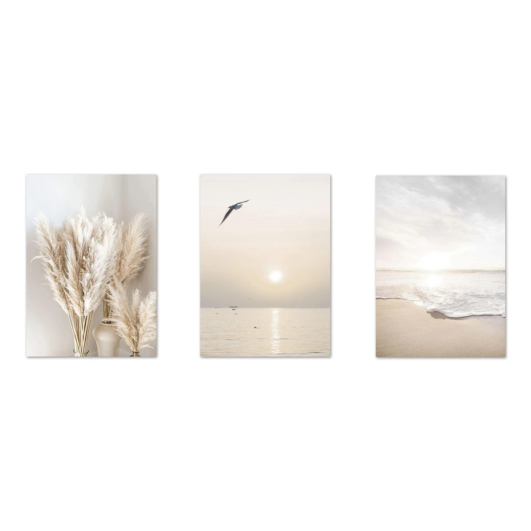 3Pcs Beige Grass Sunset Beach Palm Tree Canvas Painting Nordic Posters and Prints Wall Pictures for Living Room Decor