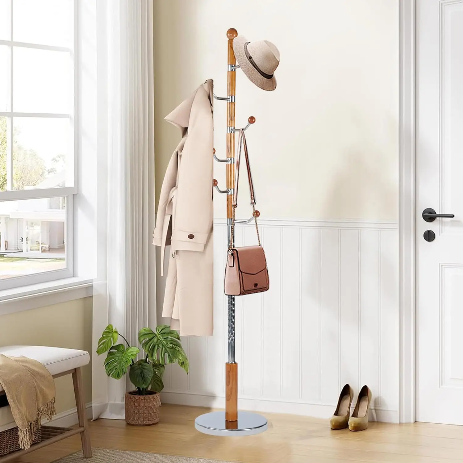 Wooden Coat Rack Stand 6 Hooks Heavy Duty Freestanding Metal Base Round For Jacket Hat Bag Purse Clothes, Customized