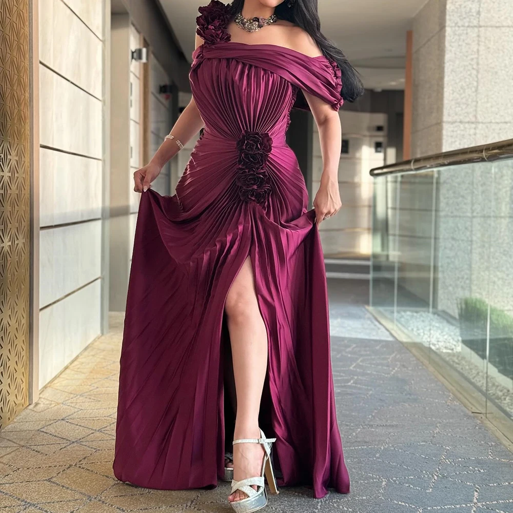 

Customized A-line Evening Dresses Floor-length Off The Shoulder Sleeveless Prom Gown Fashion Pleat Flowers Draped Party Gown