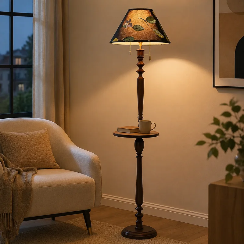 Retro French Fabric Floral Embroidered Shade Turned Column With Display Shelf For Living Room Bedroom Reading Corner Floor Lamp