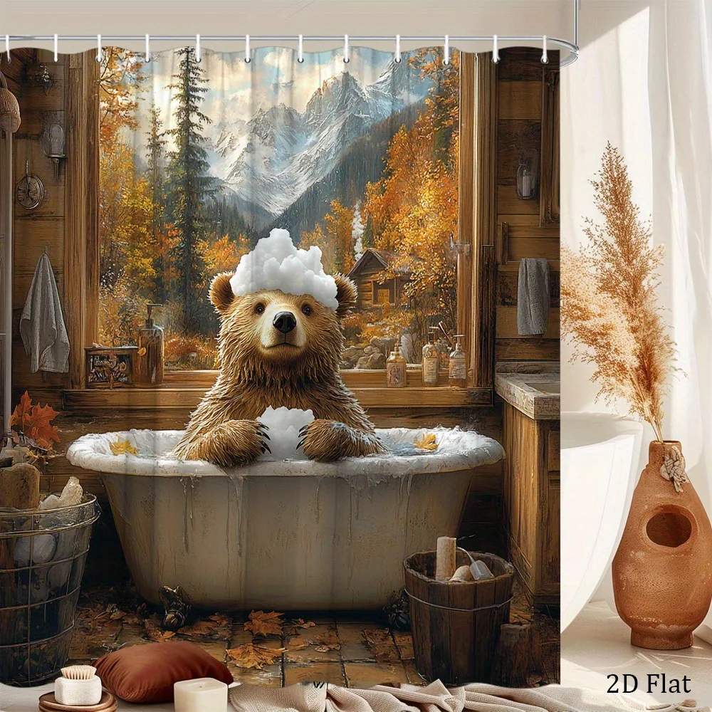 Cute Bear Shower Curtain Funny Animal Bathtub Waterproof Fabric Bathroom Curtains Rustic Cabin Decor Bath Screen With Hooks