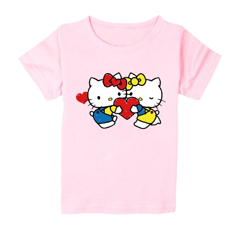 

Новая летняя футболка с изображением Hello Kitty для девочек, детская одежда, милая детская футболка, топы для маленьких девочек, футболки