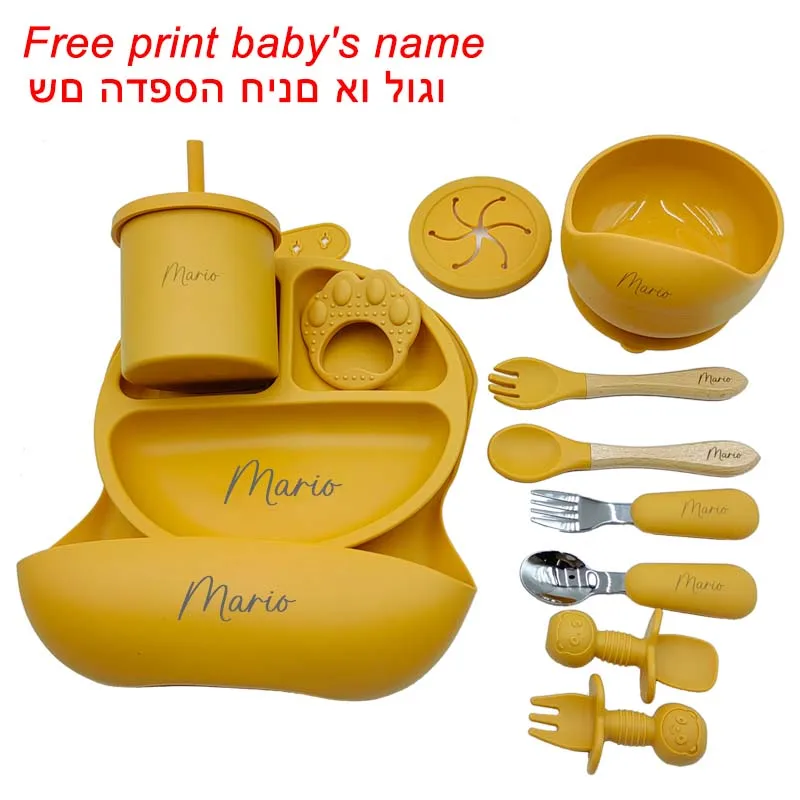 11Pcs Baby Feeding Set Personalized Name Children\'s Tableware Suction Cup Plates Bowl Newborn Feeding Accessories Gift For Girl