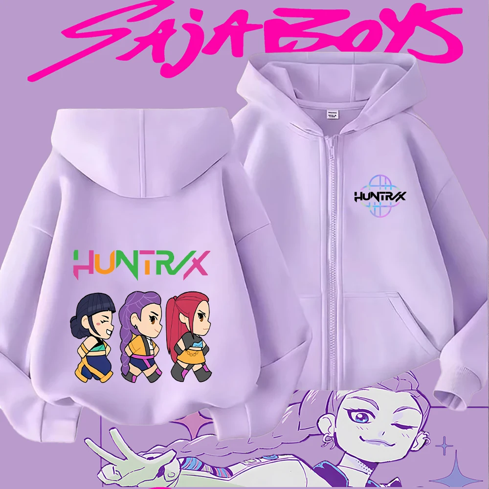 سترة بغطاء للرأس بسحاب للأطفال مع طباعة شخصية كرتونية لطيفة ذات شعر أرجواني، سترة كاجوال أنيقة للأولاد والبنات، مريحة