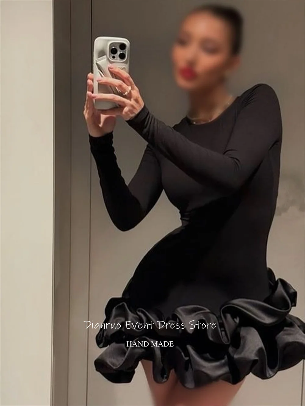 Dianruo أسود طويل الأكمام فساتين لحضور الحفلات الموسيقية الساتان تكدرت هيم فساتين كوكتيل صغيرة جولة العنق فساتين العودة للوطن مخصصة