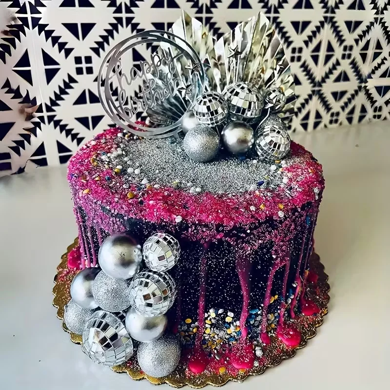 19-teiliges Set Spiegel-Silberkugel Tortendekoration, Glitzer-Silber Schaumstoffkugeln für Disco-Geburtstagsfeiern und Hochzeitstorten – Detail 5