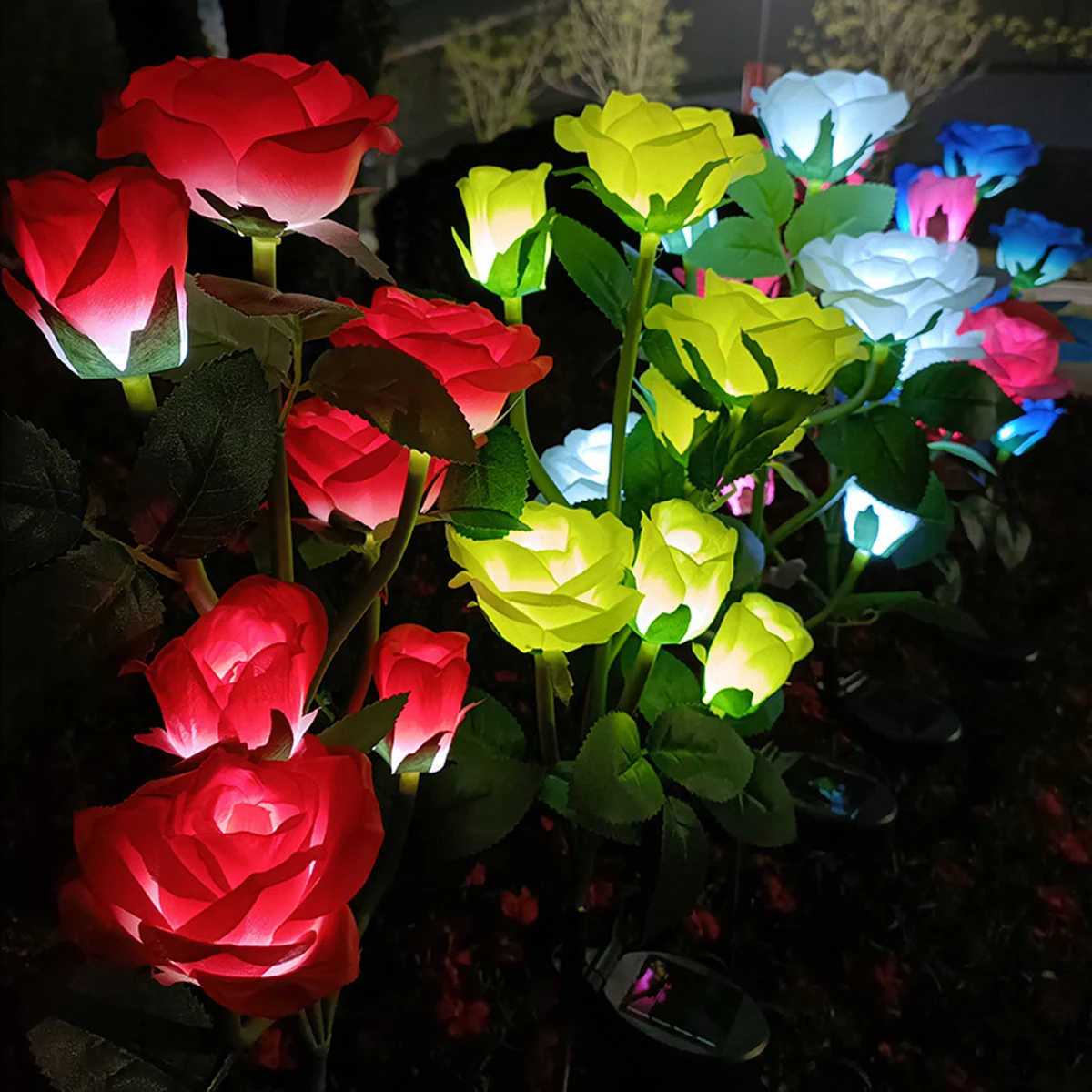 Solar LED Lights Rose Lawn Lamp Red Blue Yellow Pink White Flower Lantern 3/5/7 Head Cold Light For Wedding Courtyard Decoration