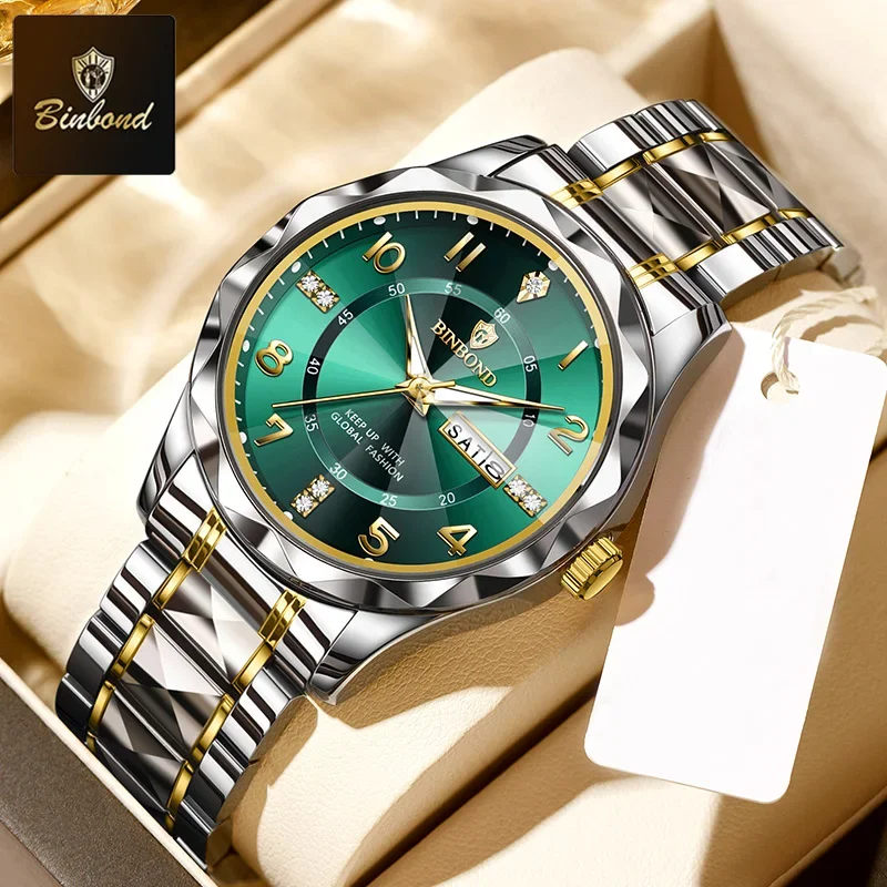 

BINBOND Men's Watches New Rhombus Mirror Original Quartz Watch for Man Waterproof Luminous Stainless Steel Wristwatch Male Clock