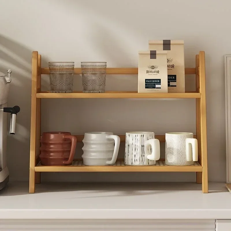 Household Goods Vine Woven Simple Double-layer Desktop Storage Rack, Cups,Storage Rack, Figurine Placement And Sorting Rack