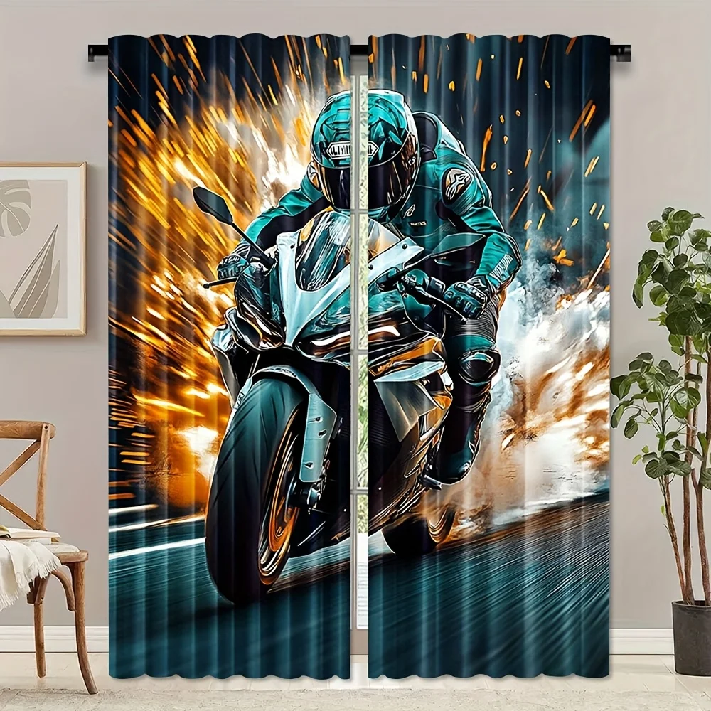Cool Motorcycle Curtain, Speeding Biker Window Drape, Racing Sport Bike Decor for Boys Room, Dynamic Action Home Textile Fabric