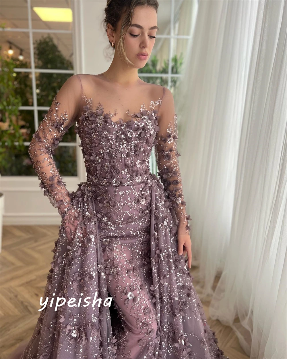 Intricate Sparkle Jewel Ball Gown Celebrity  Flower Paillette / Sequins Floor Length Skirts Organza Evening