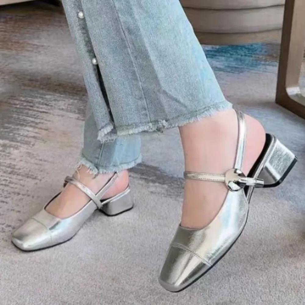 Square Heels Mary Janes Square Toe Med Heels Flats Spring/Autumn Solid Color Women's Shoes Buckle Strap Fashion Ladies Shoes