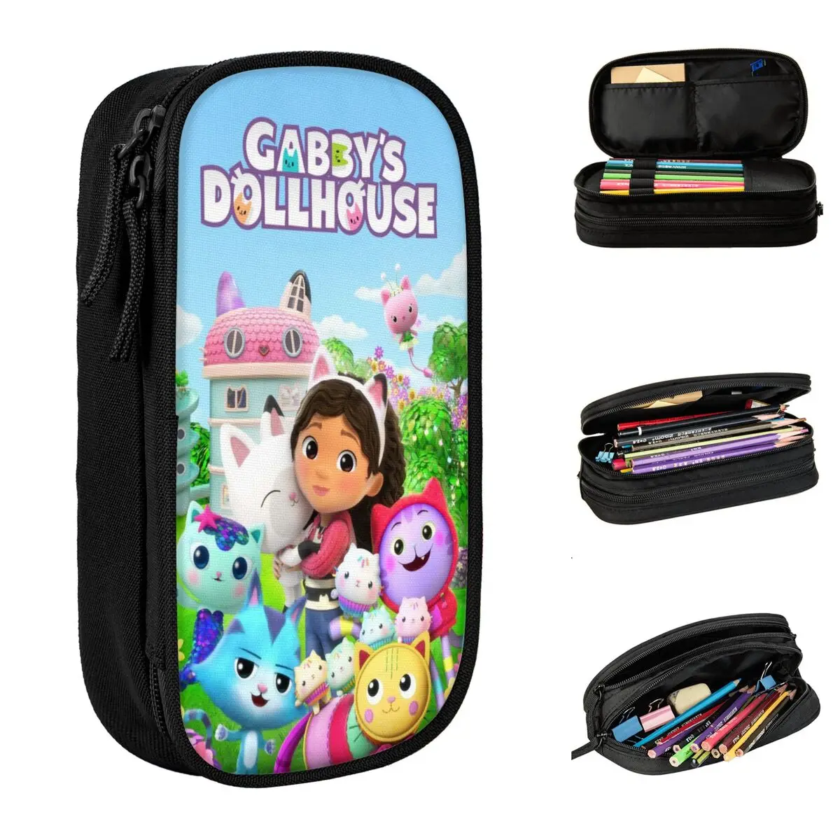 Gabby Dollhouse Pencil Case Cute Cartoon Pen Holder Bags Student Large Storage Students School Zipper Pencil Box