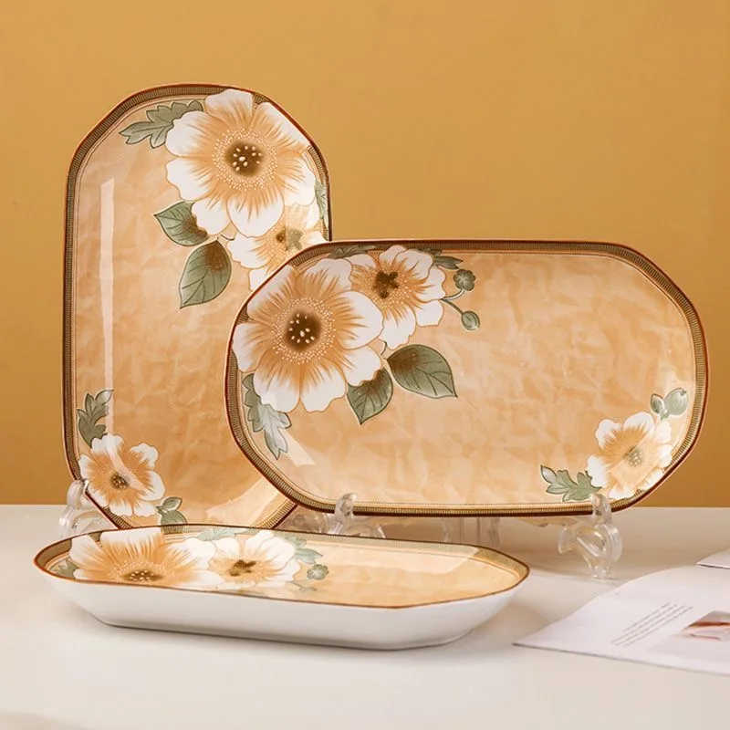 

Новая прямоугольная тарелка Cerc Fi 2023 года, простая, для домашнего использования, для микроволновой печи, в китайском стиле, с цветочным узором, посуда для ужина