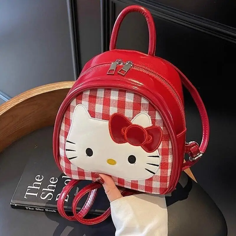 20Cm Sanrio Hello Kitty Red Grid Pattern Pu Leather Backpack Single Layer Zipper Large Capacity Storage Travel Girl Holiday Gift view 2