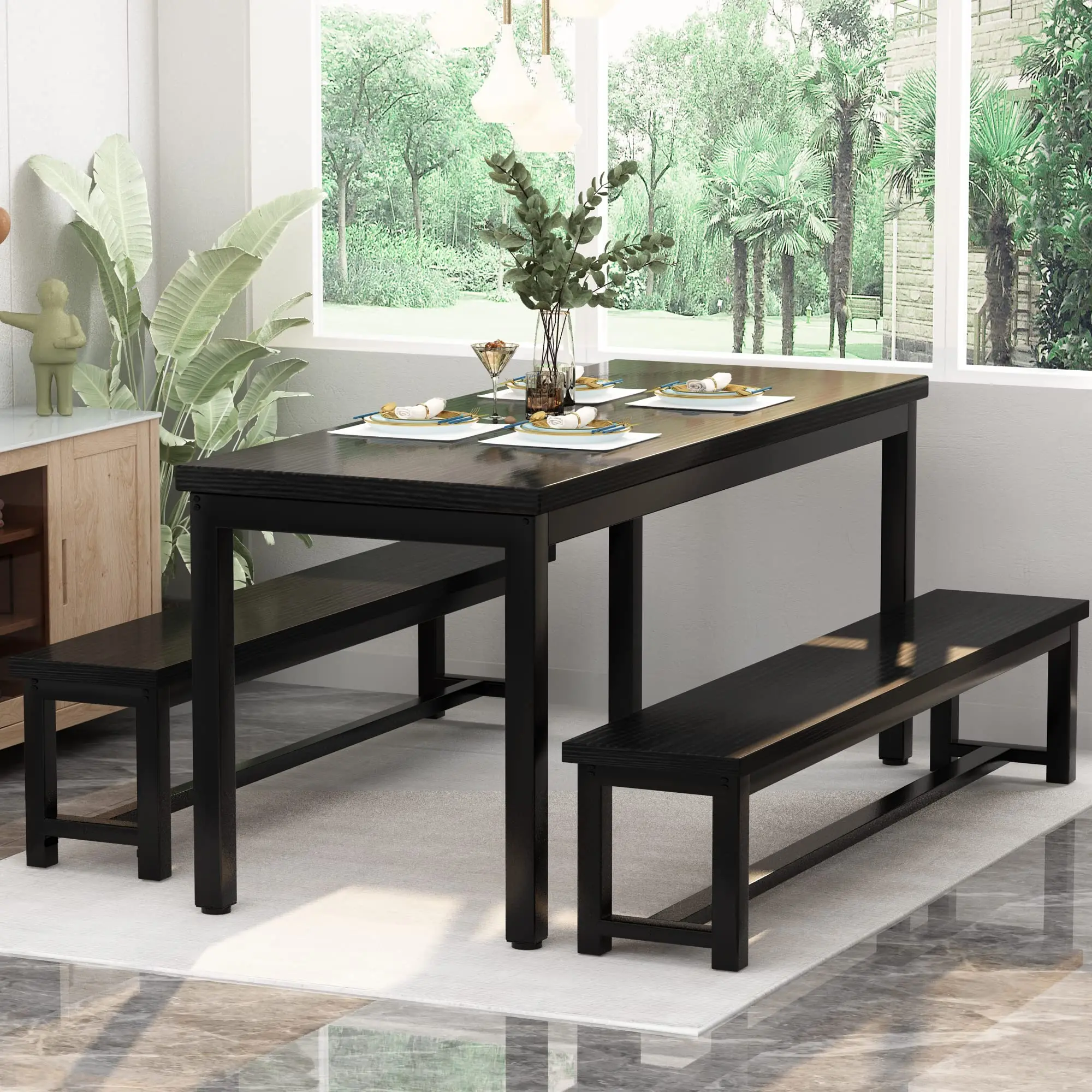 Modern three-piece dining table set kitchen dining table with two benches metal frame and pantry paneling