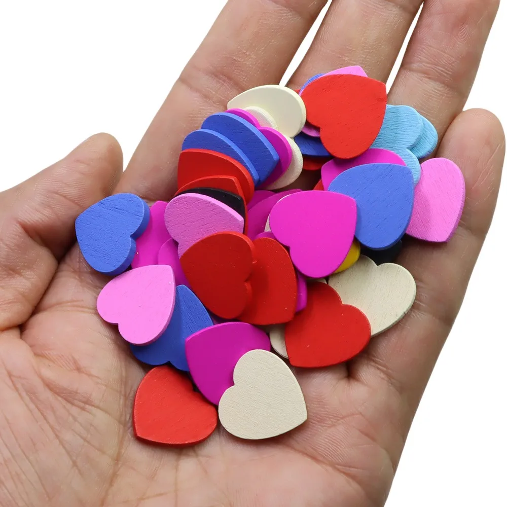 100Pcs 0.7 Inch Colorful Wood Heart Slices Blank Natural Wooden Ornaments Tags for DIY Wedding Arts Crafts Valentine Decorations