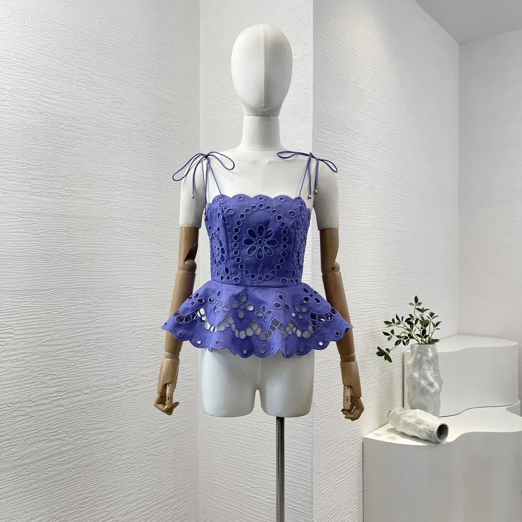 violet purple sleeveless embroidery  floral hollow out shell lace blouse tops